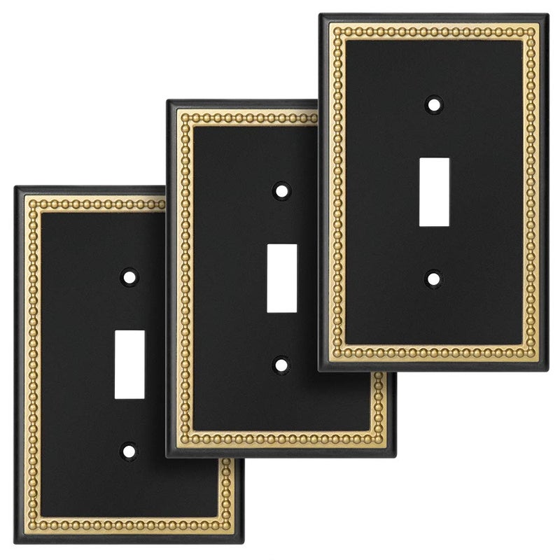 Henne Bery Pearled Frame Decorative Wall Plate Switch Plate Outlet Cover (Single Toggle 3PK, Black & Dark Golden) - Image 1